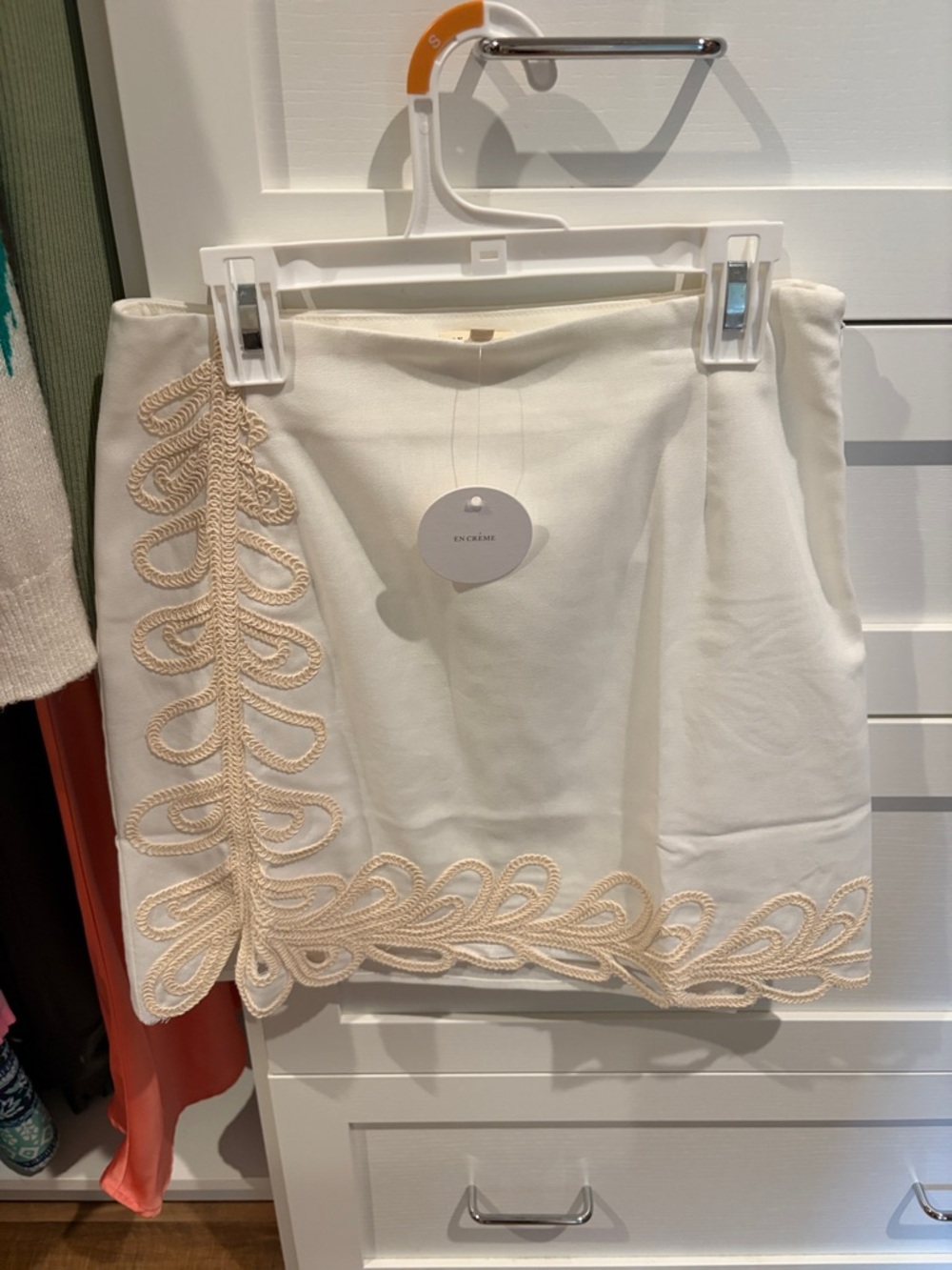 White Linen Mini Skirt with Beige Trim